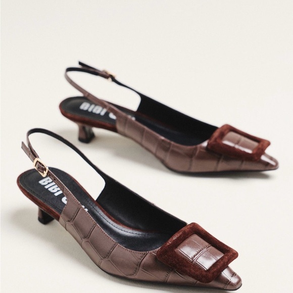 Anthropologie Shoes - Anthropologie Bibi Lou Chocolate Brown Slingback Kitten Heels with Buckle